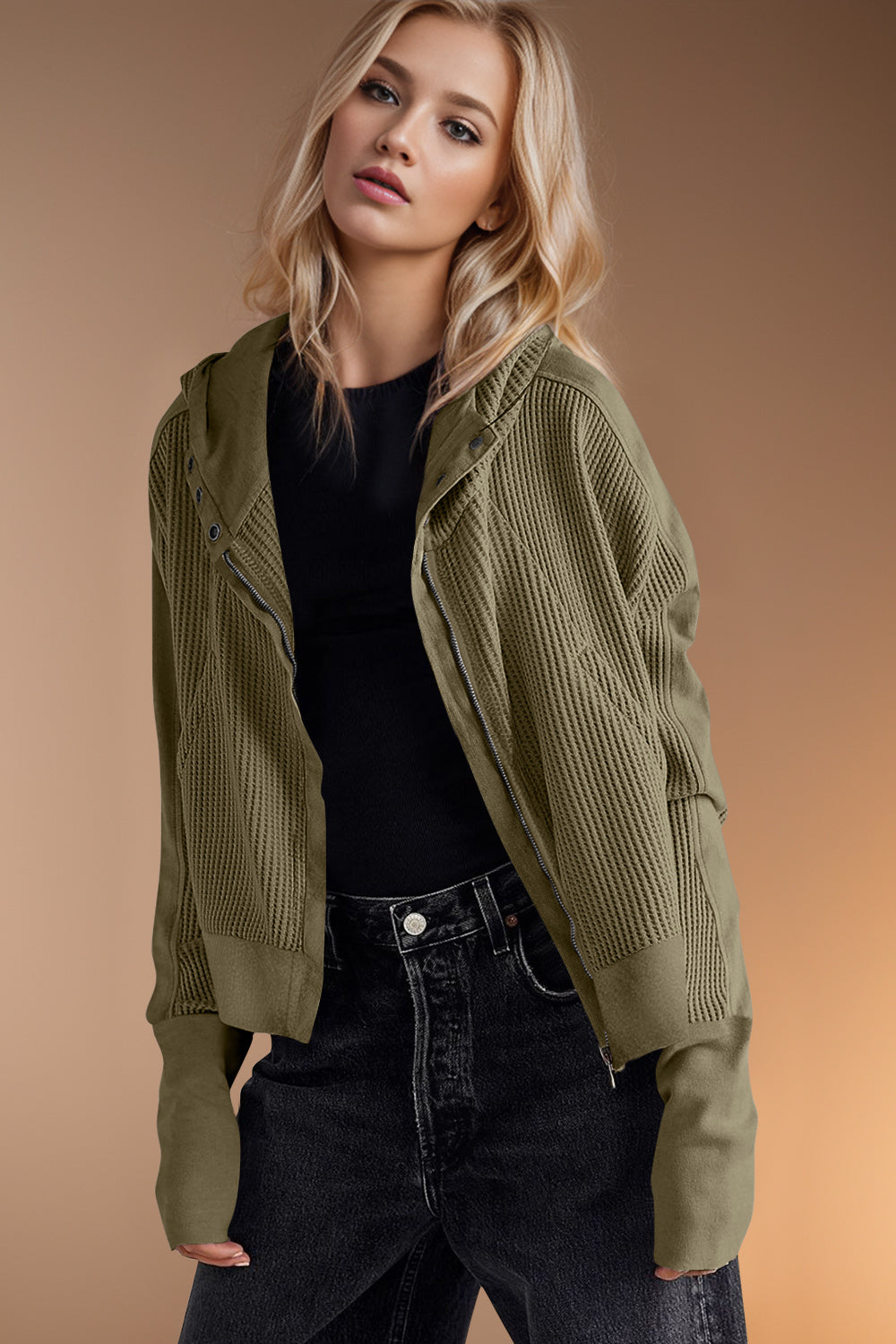 Double Take Waffle-Knit Zip Up Long Sleeve Hooded Jacket - Fashions Envy