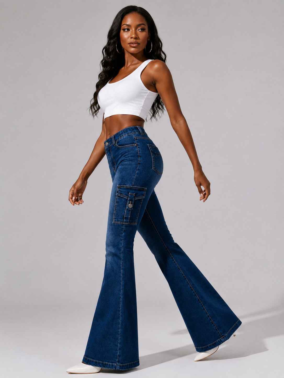 Women's High-quality Stretch Vintage Washed Cargo Flare Jeans, Y2K Style, Casual And Versatile, Suitable For All Seasons
