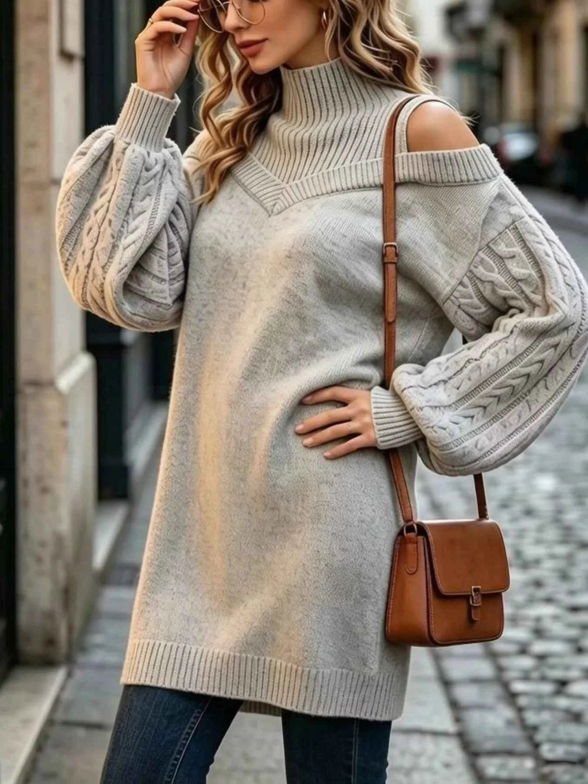 Cold-Shoulder Sweater Dress - Turtleneck & Cable Sleeves