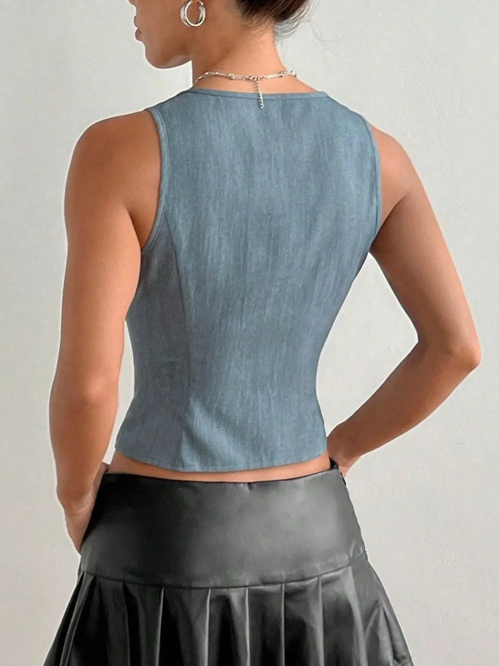 Blue Lace-Up Bow Crop Top - Deep V Tie-Front Sleeveless Tank