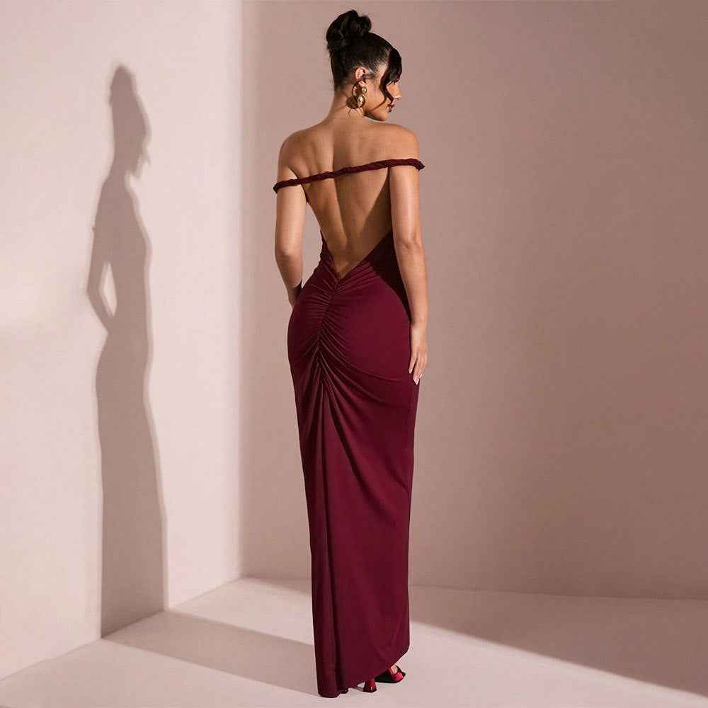 Burgundy Mermaid Maxi Dress - Off Shoulder Ruched Open Back