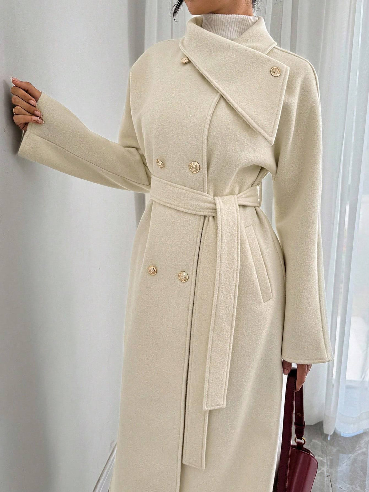 Double-Breasted Long Coat - Waist Tie & Wide Lapels