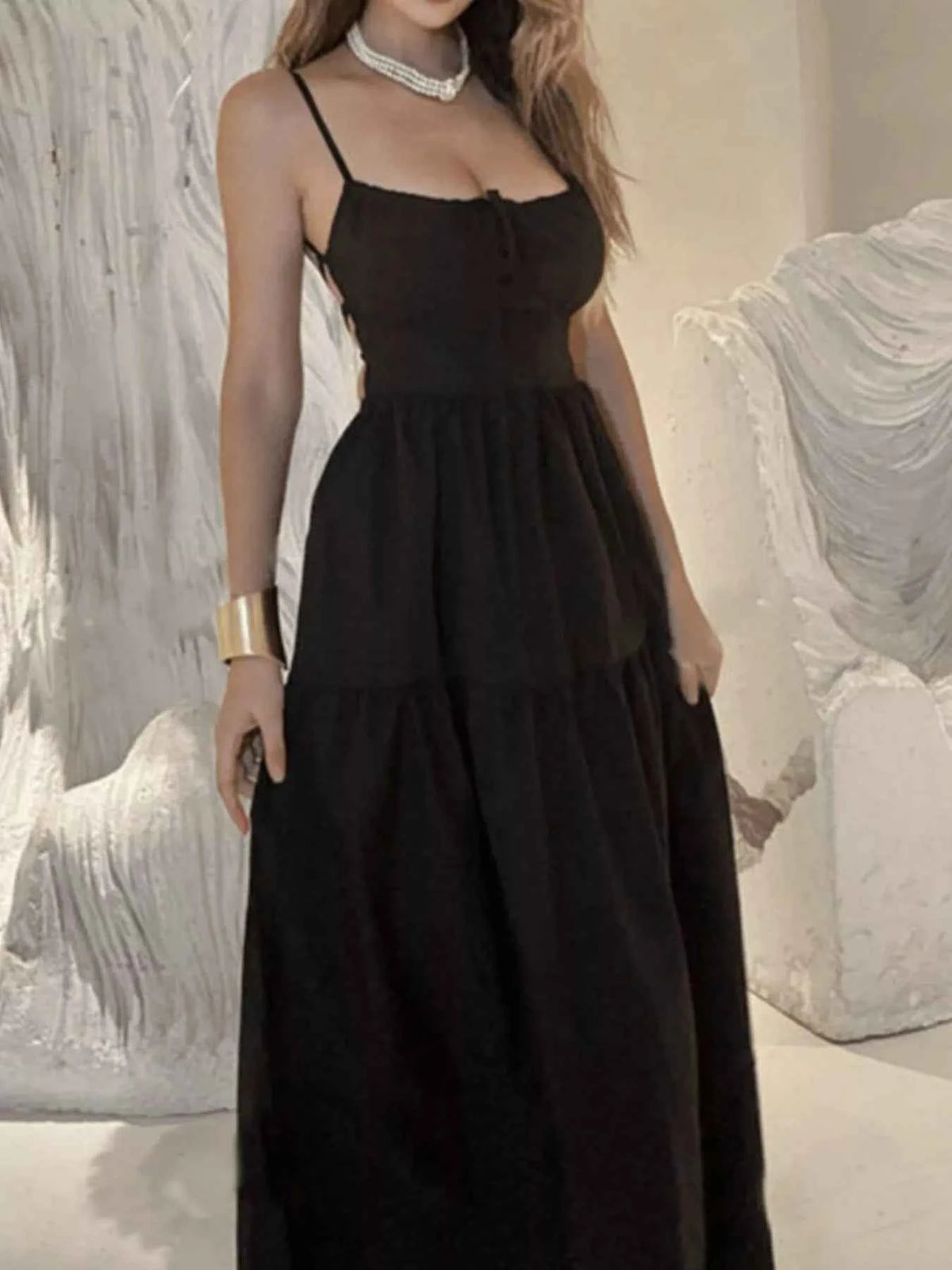 Lace-Up Back Maxi Dress - Ruched Bust Tiered Cami