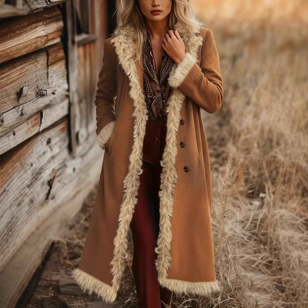 Women's Brown Trimmed Long Coat - Open Front Silhouette