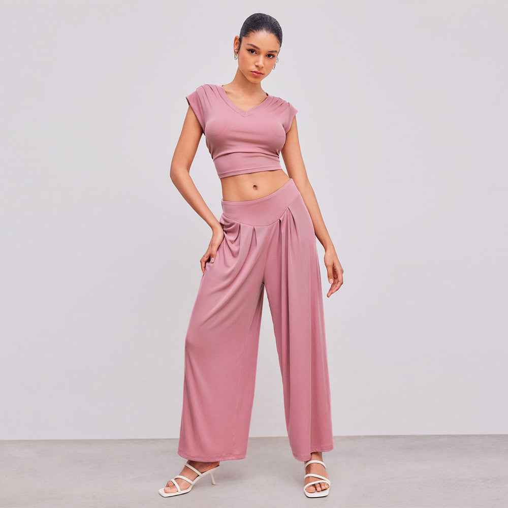 Pink V-Neck Crop Top Wide Leg Pants Set - Pleated Shoulder