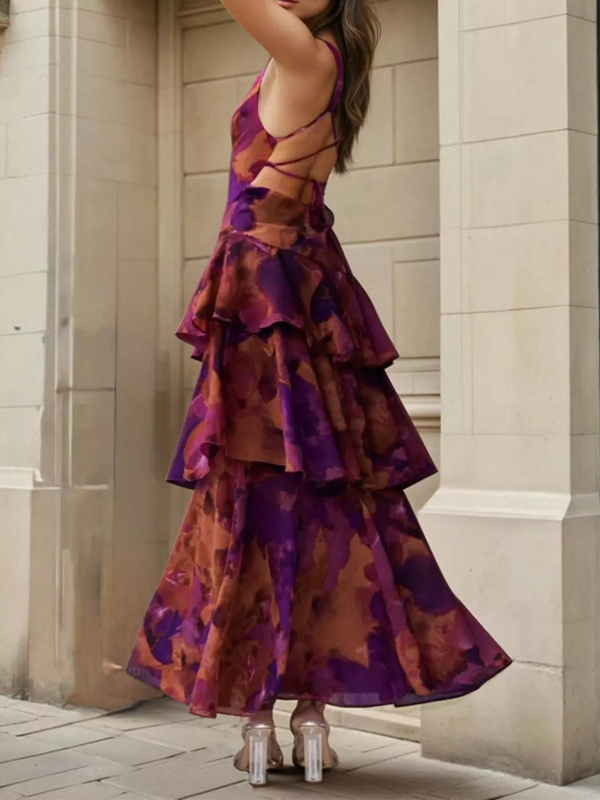 Deep Purple Floral Tiered Maxi Dress - Lace Up Open Back