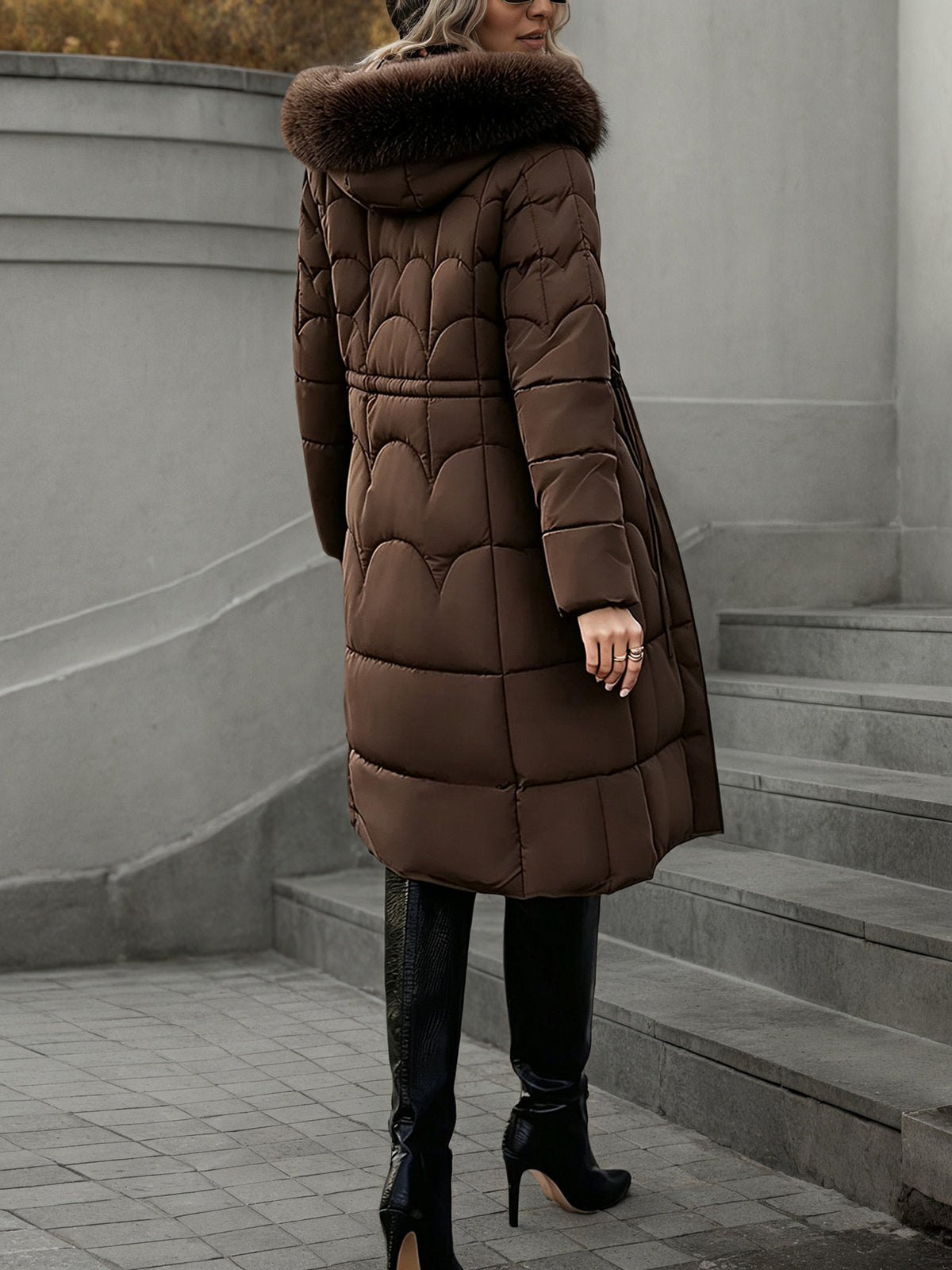 Scallop-Quilted Long Puffer Coat - Faux-Fur Trim Hood