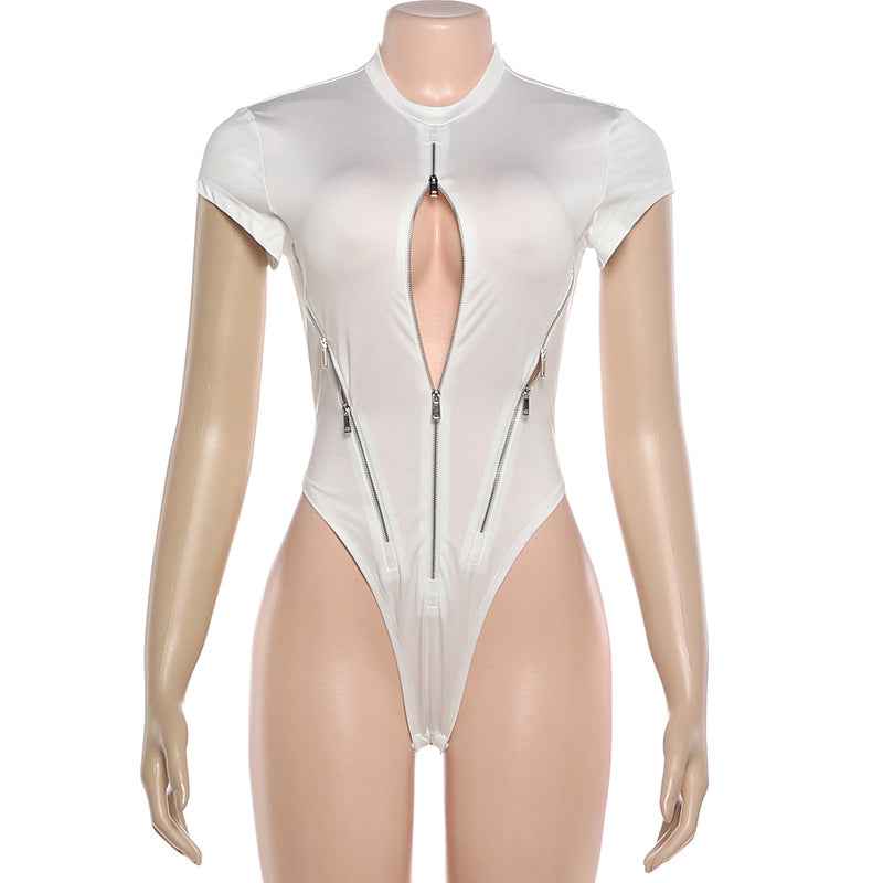 Zipper Sexy Cut-Out Bodysuit - Bodycon Short Sleeve