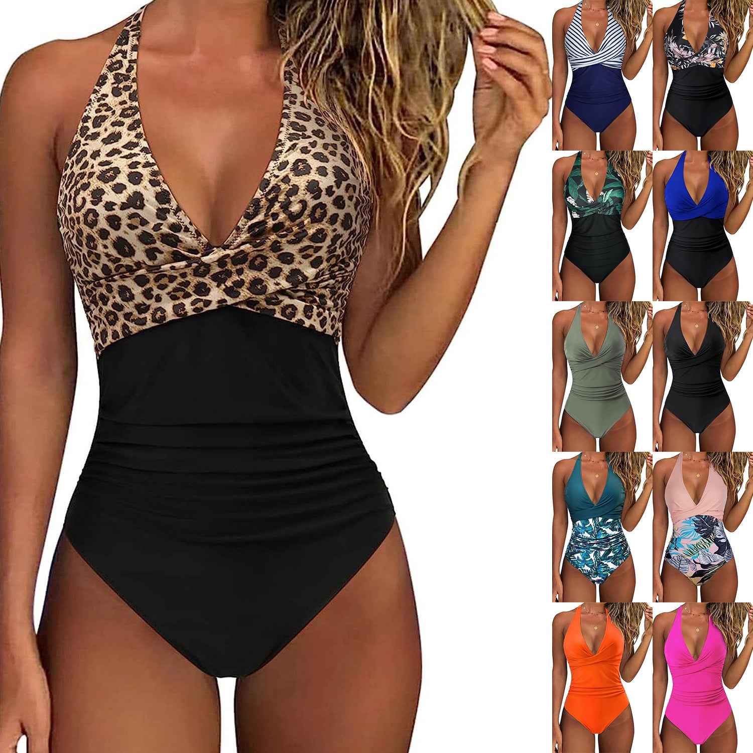 Halter One Piece Swimsuit - Twist Front Ruched Tummy Control Deep V