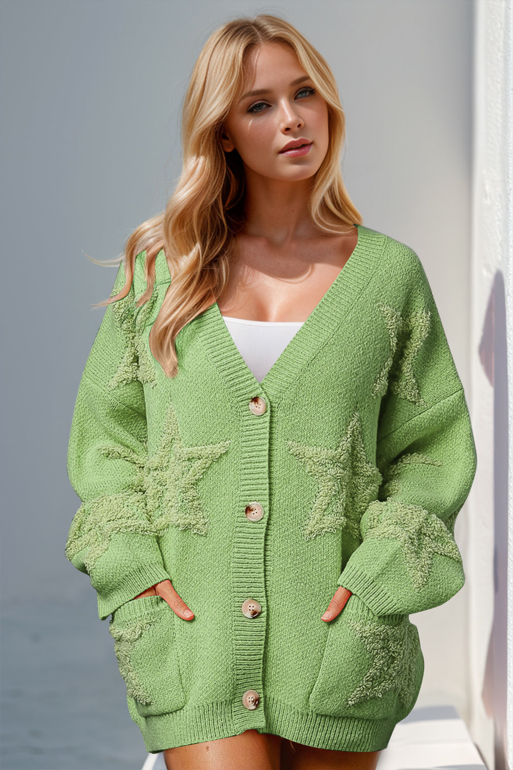 Double Take Full Size Button Up Star Pattern Cardigan - Fashions Envy