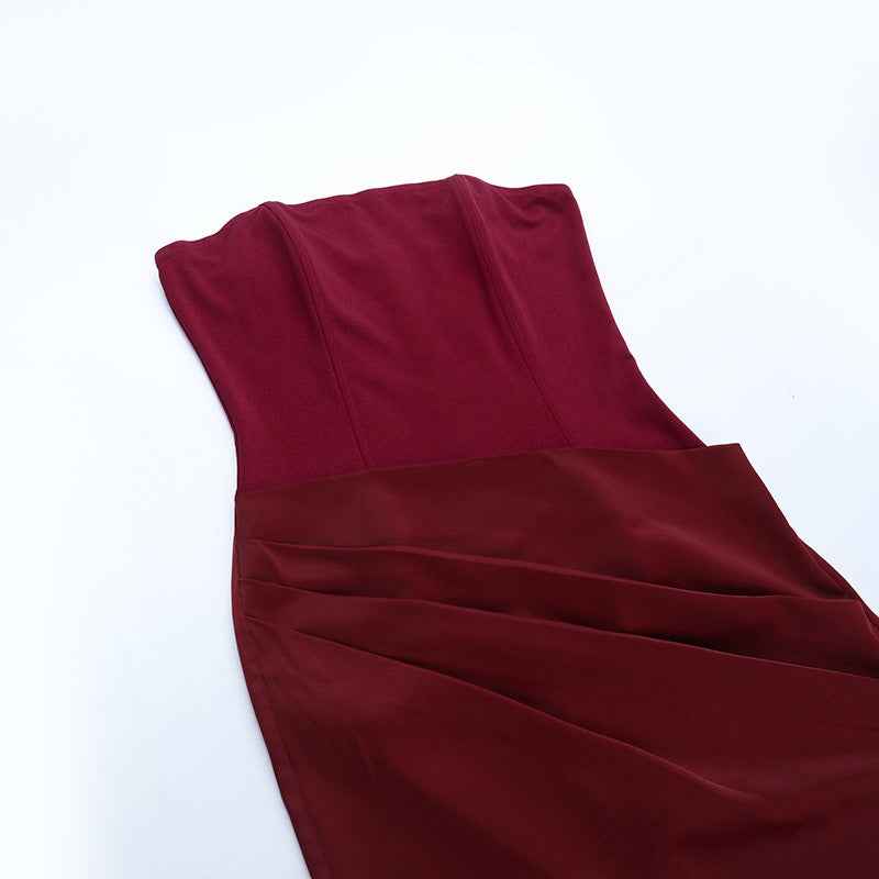 Burgundy Strapless Satin Maxi Dress - Slim Fit Prom Gown
