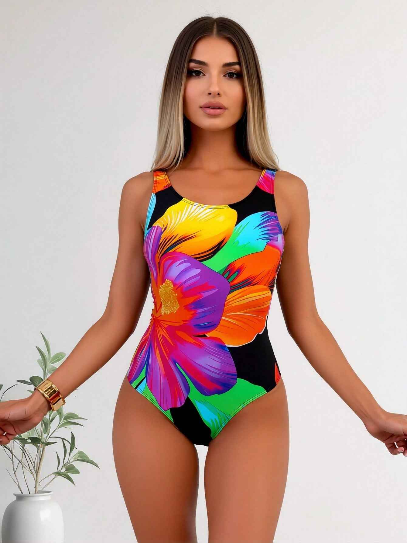 2026 New Large Watercolor Floral Print One-Piece Swimsuit, Scoop Neck Tummy Control Bathing Suit