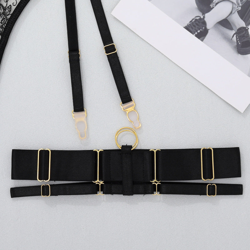 Black lace garter belt with adjustable thigh straps, gold-tone buckles