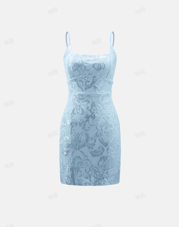 Sky blue sequin mini dress with thin straps and lace-up back