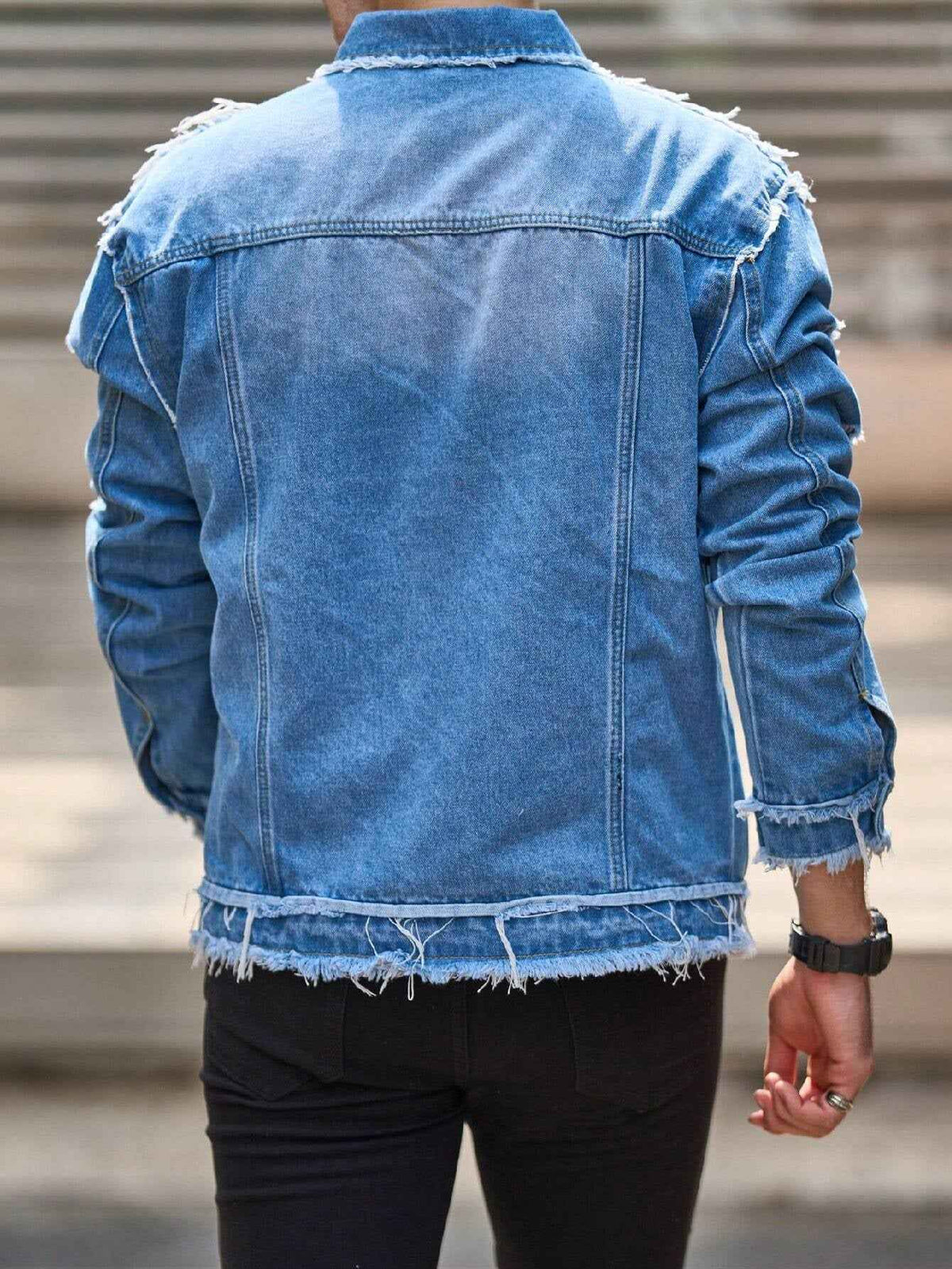 Blue Ripped Denim Jacket Men - Raw Frayed Edge Slim Fit
