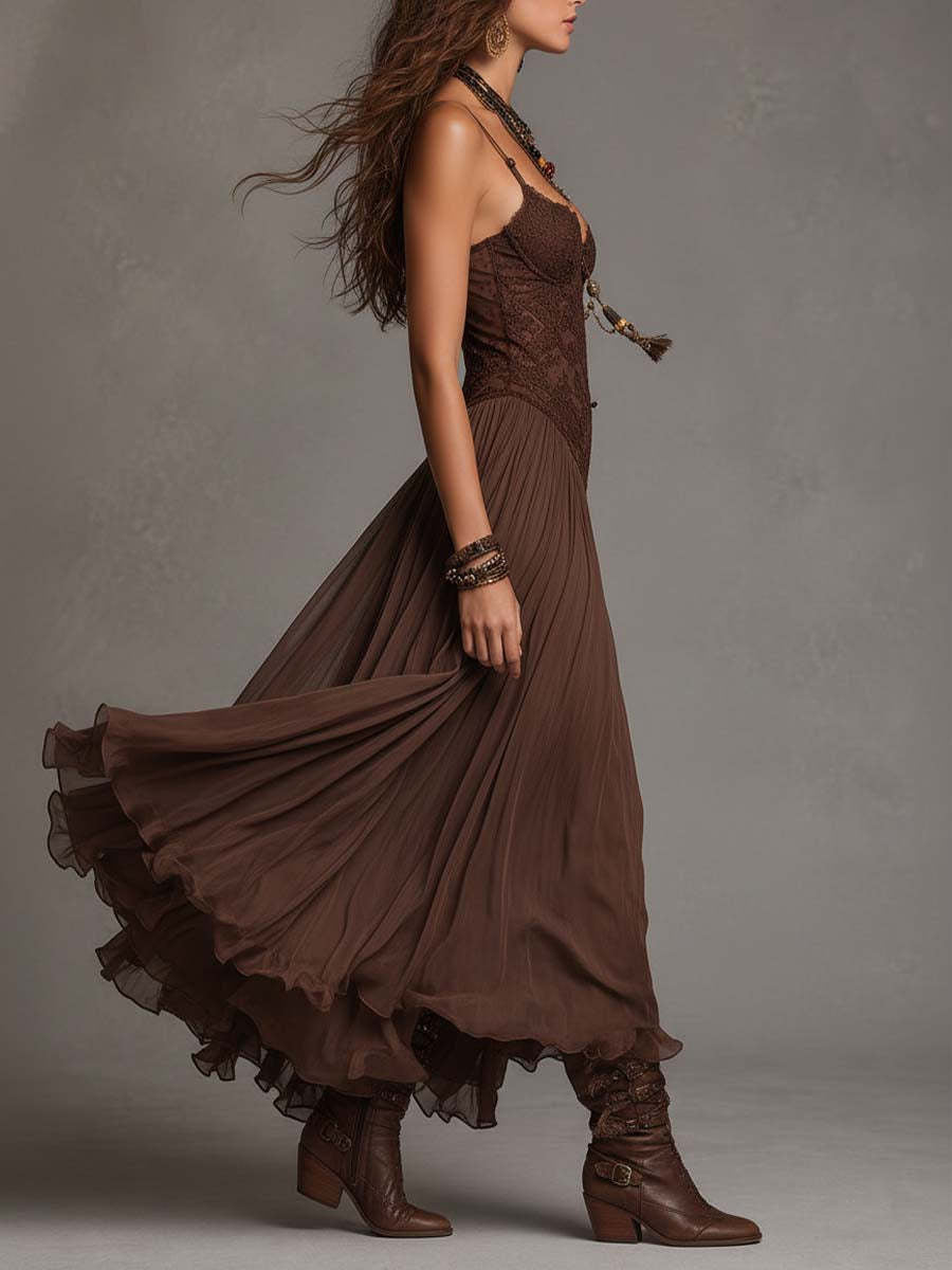 Lace Bodice Flowing Maxi Dress - Thin Straps and Layered Hem