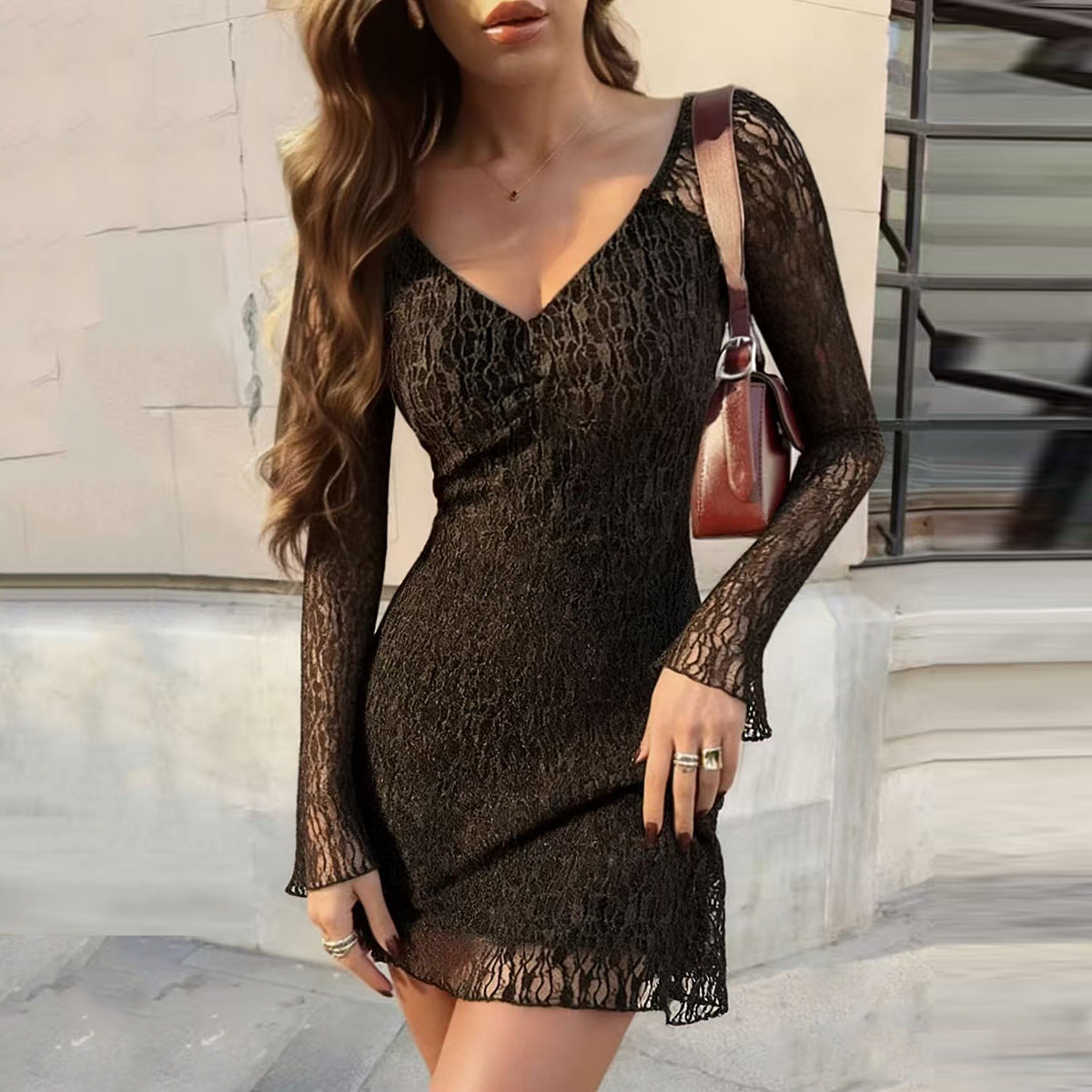 Lace Mini Dress - V-Neck Long Sleeve Brown Bodycon