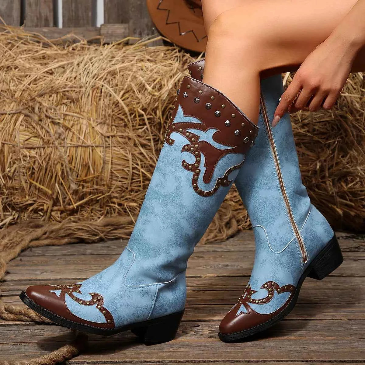Point Toe Block Heel Western Cowgirl Boots - Studded Rivet Two-Tone