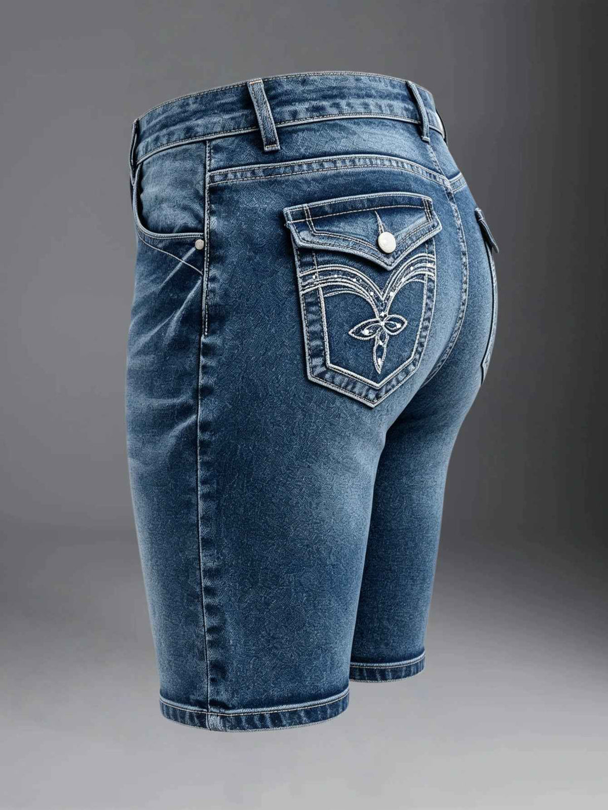 Blue Denim Bermuda Shorts - Embroidered Pocket Detail