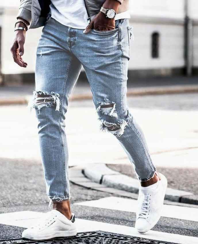 Blue Ripped Skinny Jeans Men - Open Knee Distressed Denim