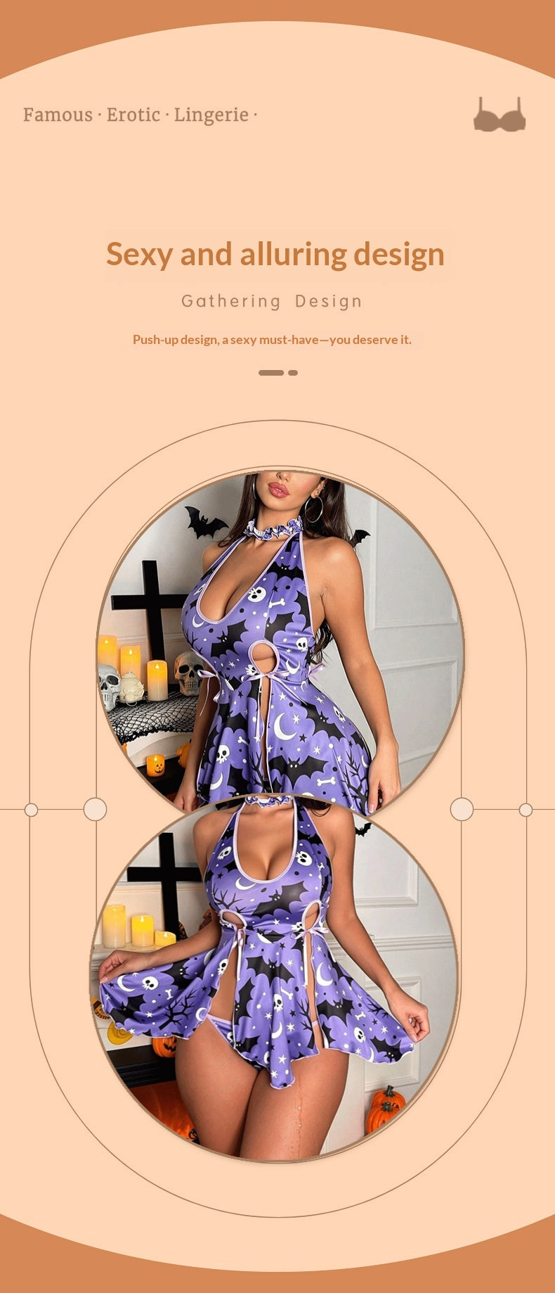Purple bat-print halter lingerie dress with open sides and tie-front detailing
