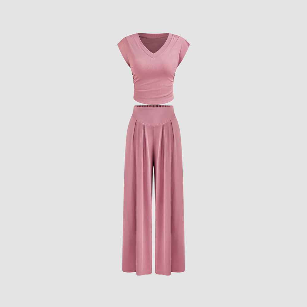 Pink V-Neck Crop Top Wide Leg Pants Set - Pleated Shoulder