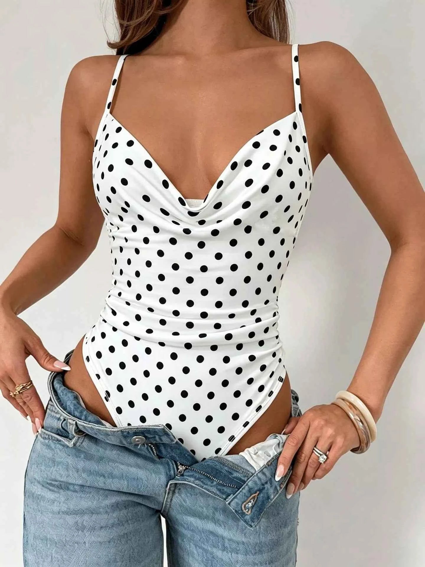 Polka Dot Cowl Neck Spaghetti Strap Bodysuit