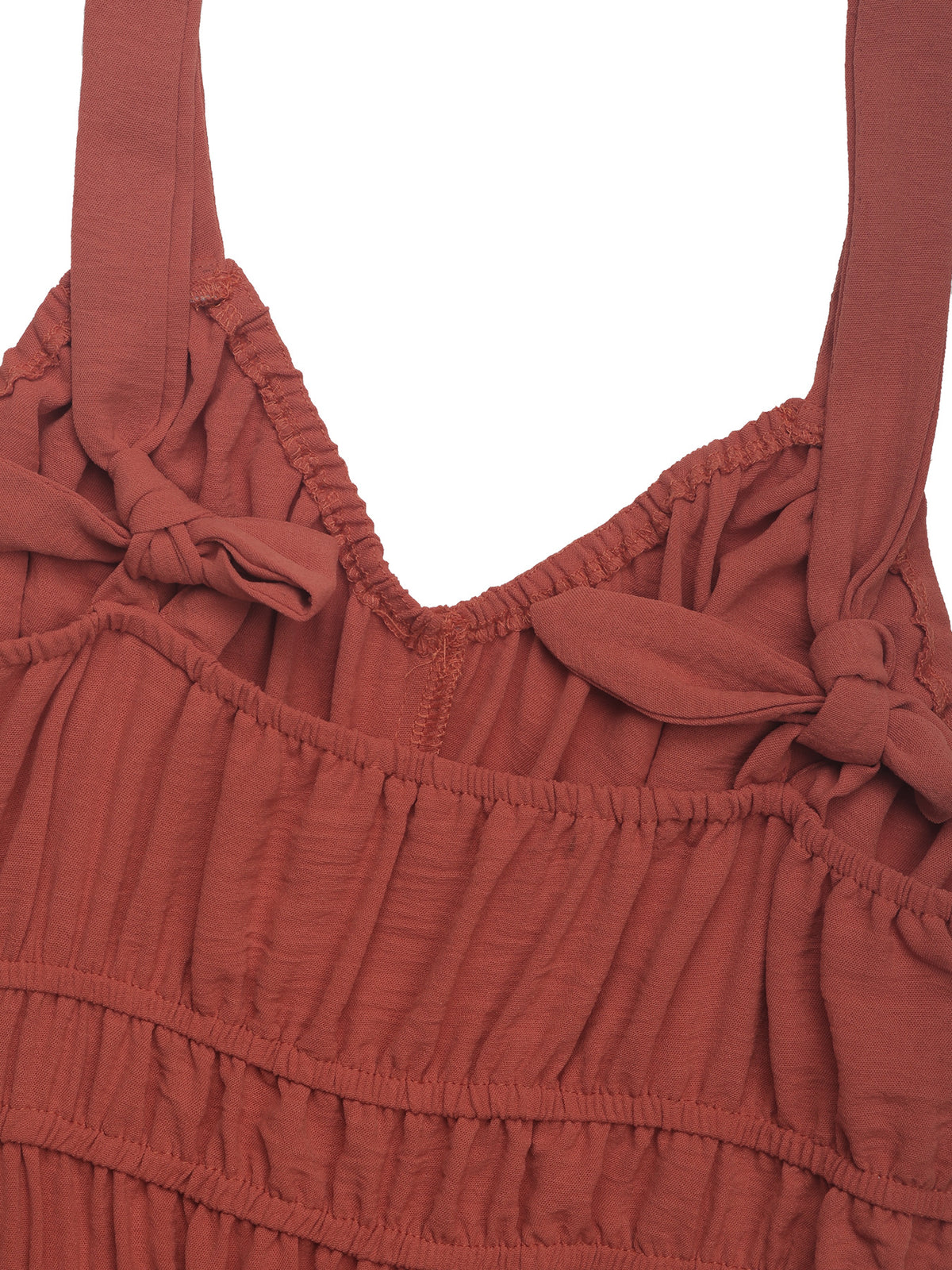 Rust-red smocked V-neckline with gathered ruffle at waist
