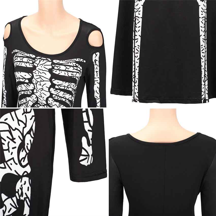 Black Skeleton Print Maxi Dress - Cold Shoulder Gown
