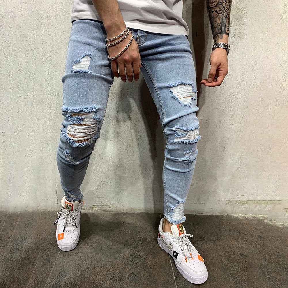 Light Blue Ripped Skinny Jeans Men - Heavy Distressed Stretch Denim