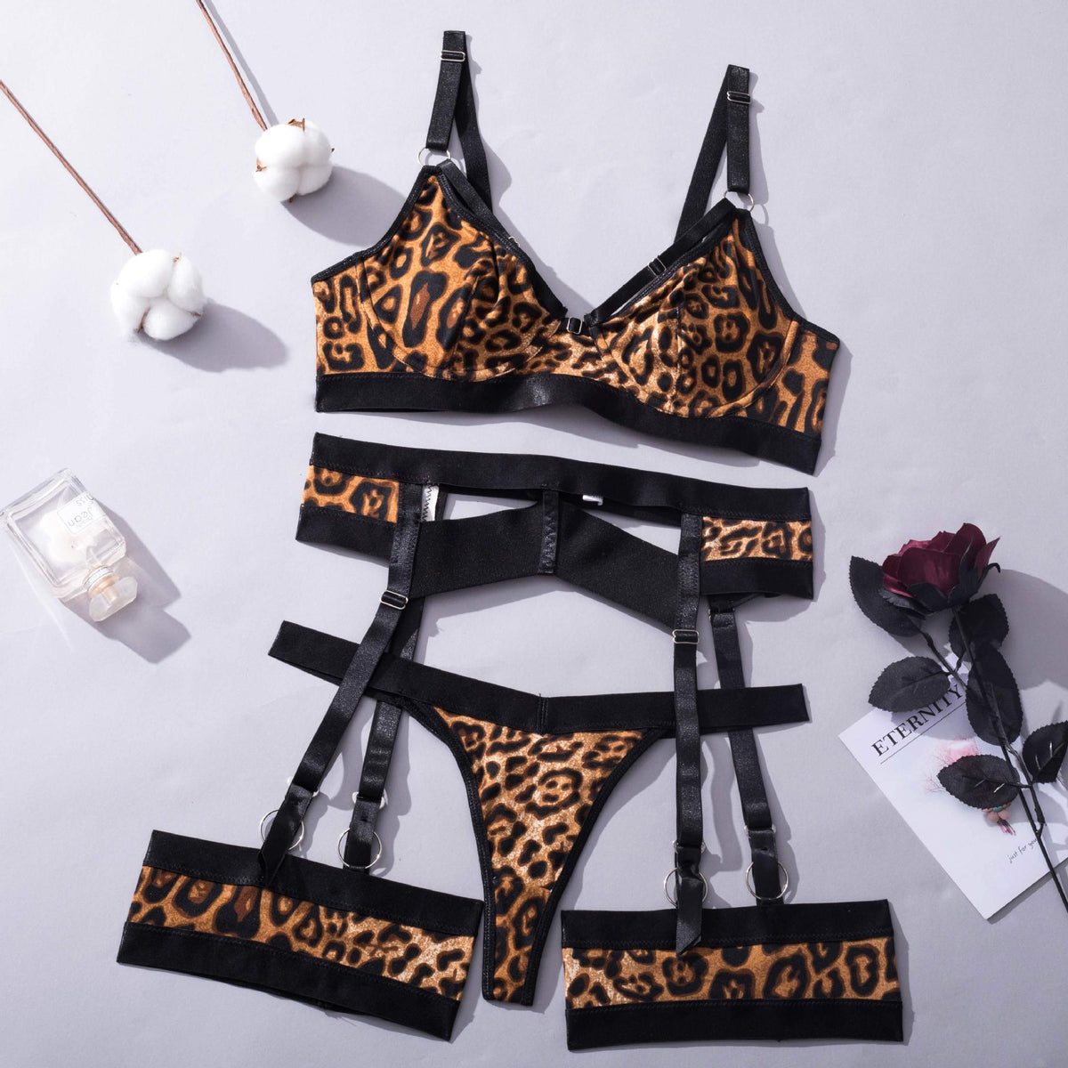 Printed Garter Lingerie Set - Strappy Bra And Thigh Bands