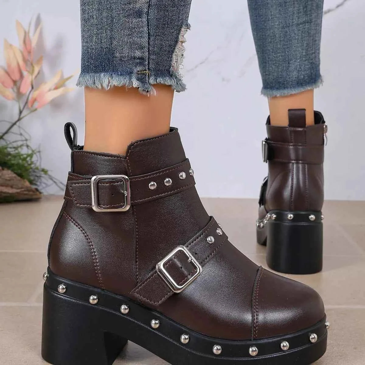 Moto Studded Ankle Boots - Dual Buckle Platform Block Heel