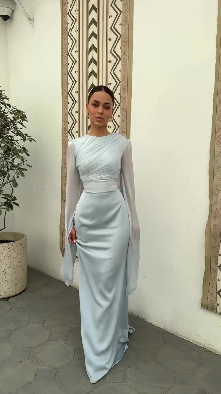 Long Sleeve Maxi Dress - Draped Bodice and Split Sleeves