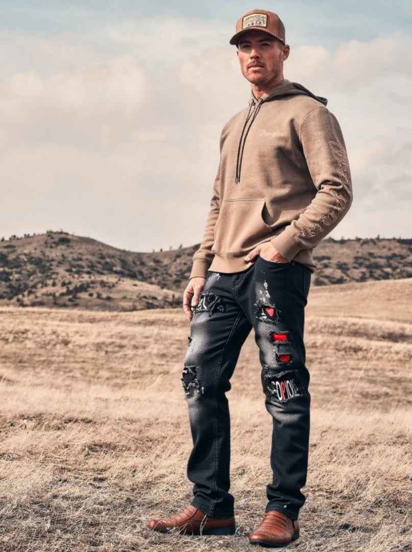 Black Ripped Jeans Men - Heart Patch Graffiti Denim