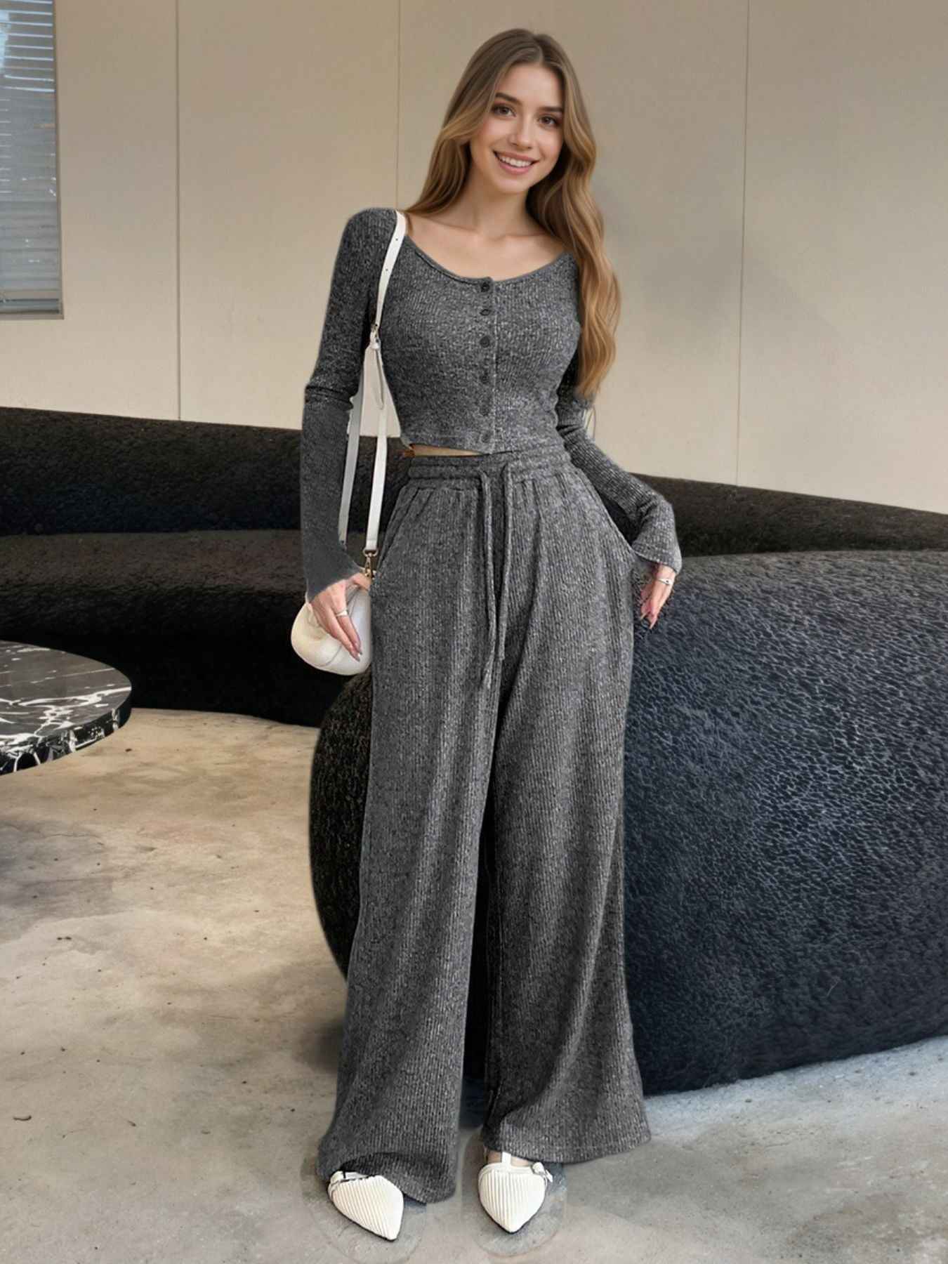 Cute Outfit Set - Long Sleeve Top and Wide Leg Pants Set