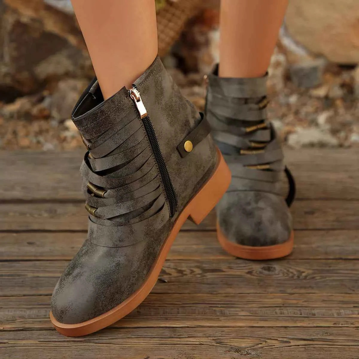Multi-Strap Buckle Ankle Boot - Zipper Hardware Detail