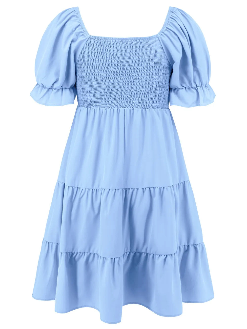 Light blue tiered mini dress back view with puff sleeves and smocked waist yoke