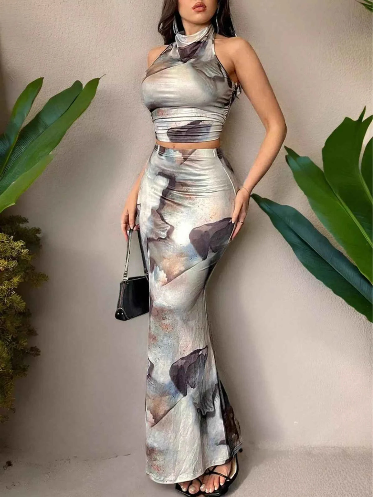 Halter Crop Top & Mermaid Maxi Skirt Set - Abstract Print