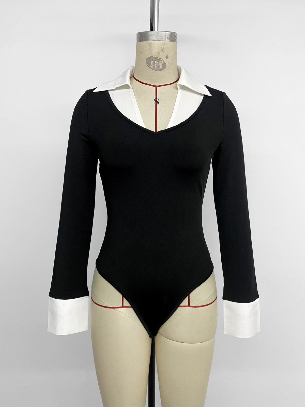 Black Long Sleeve Bodysuit - White Contrast Collar Cuff V-Neck