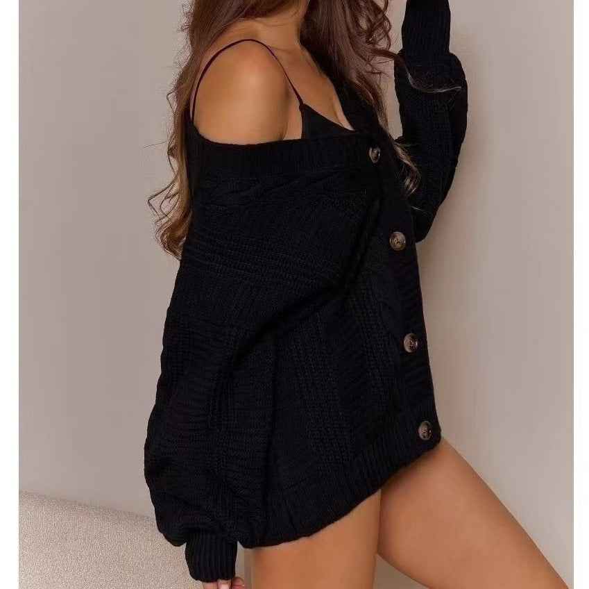Cable Knit Cardigan - V-Neck Lantern Sleeve Button Front