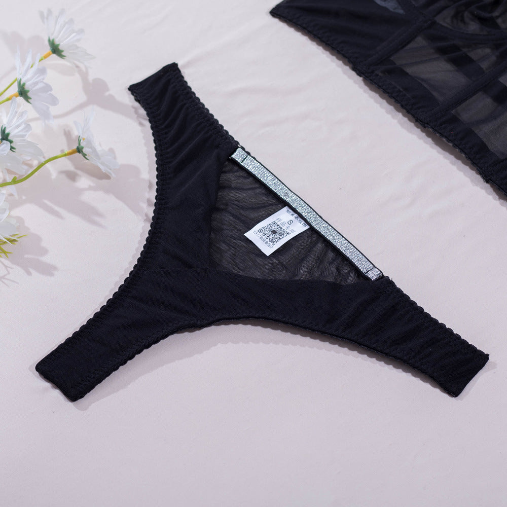 Black mesh thong with glitter-trim edge and sheer center panel