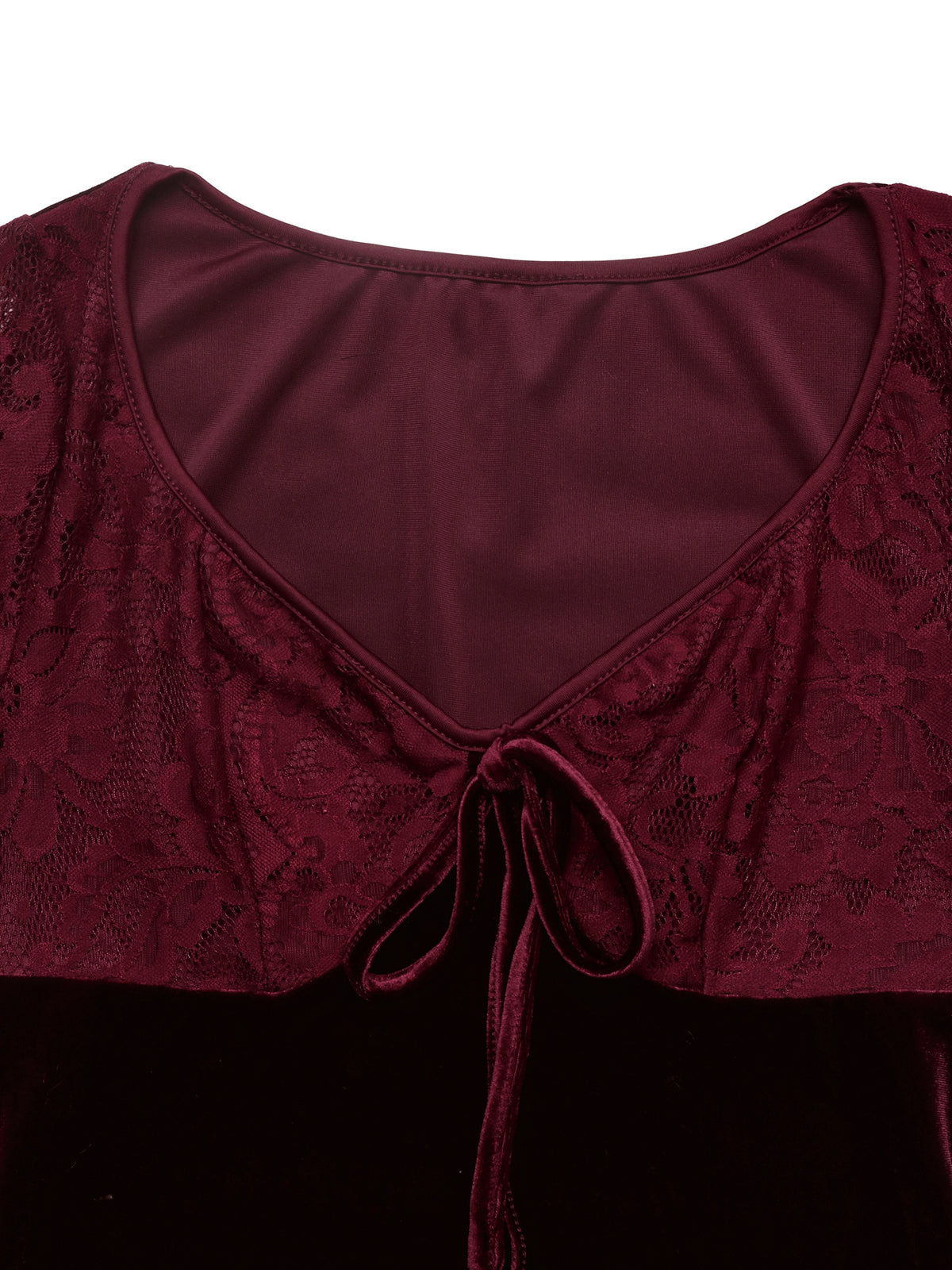 Burgundy mini dress with lace sleeves, V-neck, and front ribbon bow detail