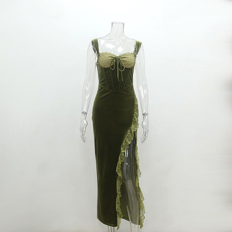 Velvet Evening Dress - Lace High Slit Fitted - Fashions Envy