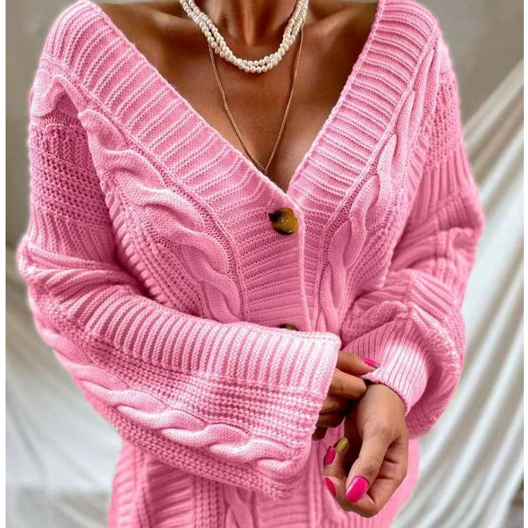 Cable Knit Cardigan - V-Neck Lantern Sleeve Button Front