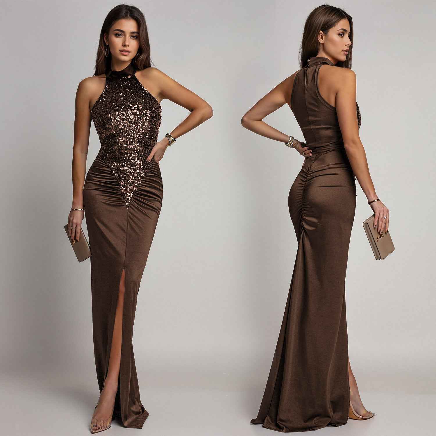 Sequin Velvet Split Maxi Dress - Bodycon Prom Gown