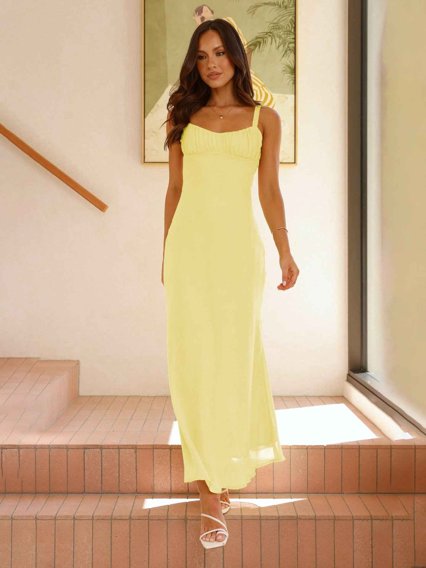 Mesh Pleated Strapless Maxi Dress - High Waist Prom Gown