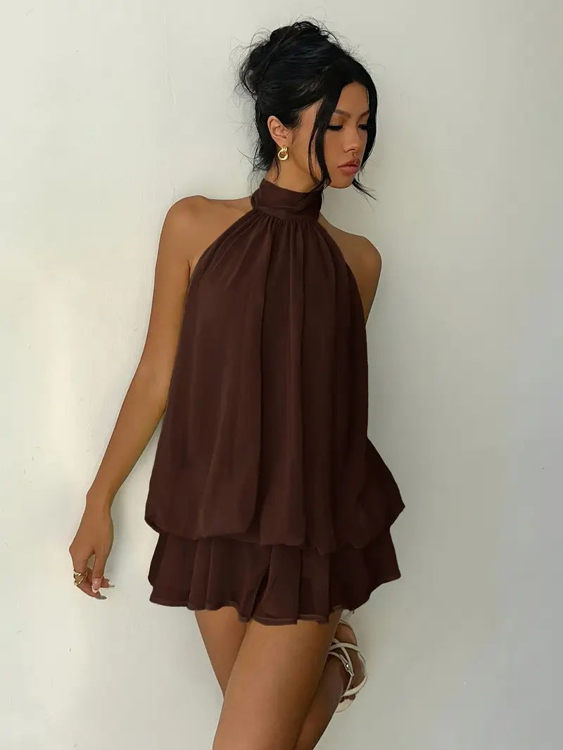 Backless Halter Neck Tiered Mini Dress - Chiffon Vacation Dress