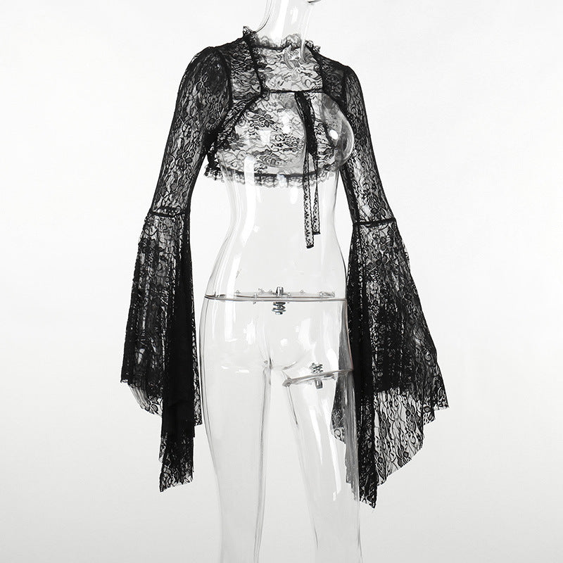 Black Lace Cropped Top - Dramatic Flared Sleeve Shrug