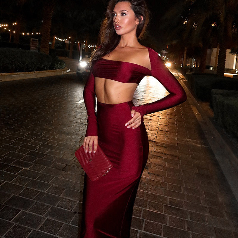 Two-Piece Skirt Set - Strapless Crop Top & Maxi Skirt