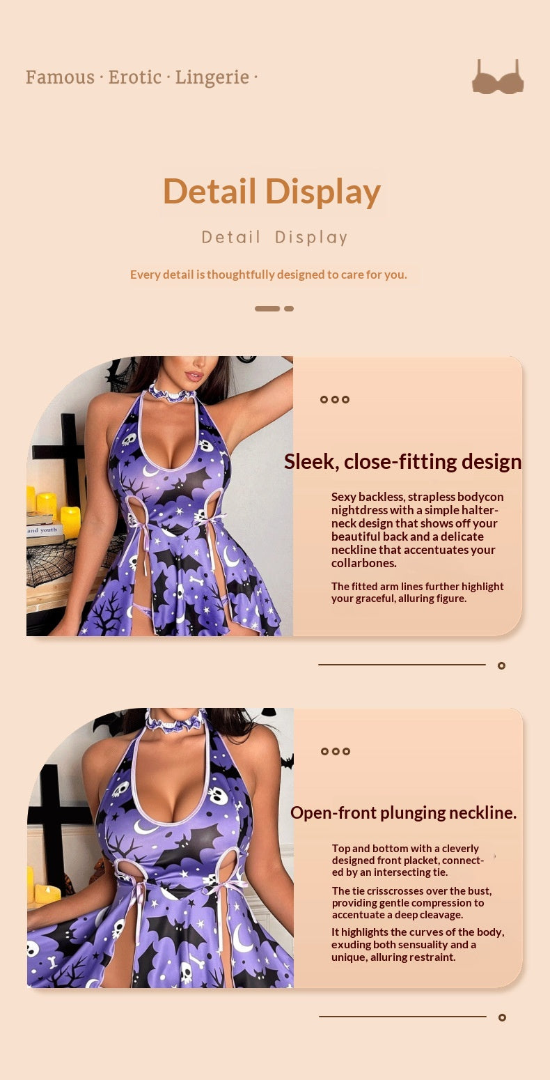 Purple halter mini dress with bat print, plunging neckline, and side tie bows